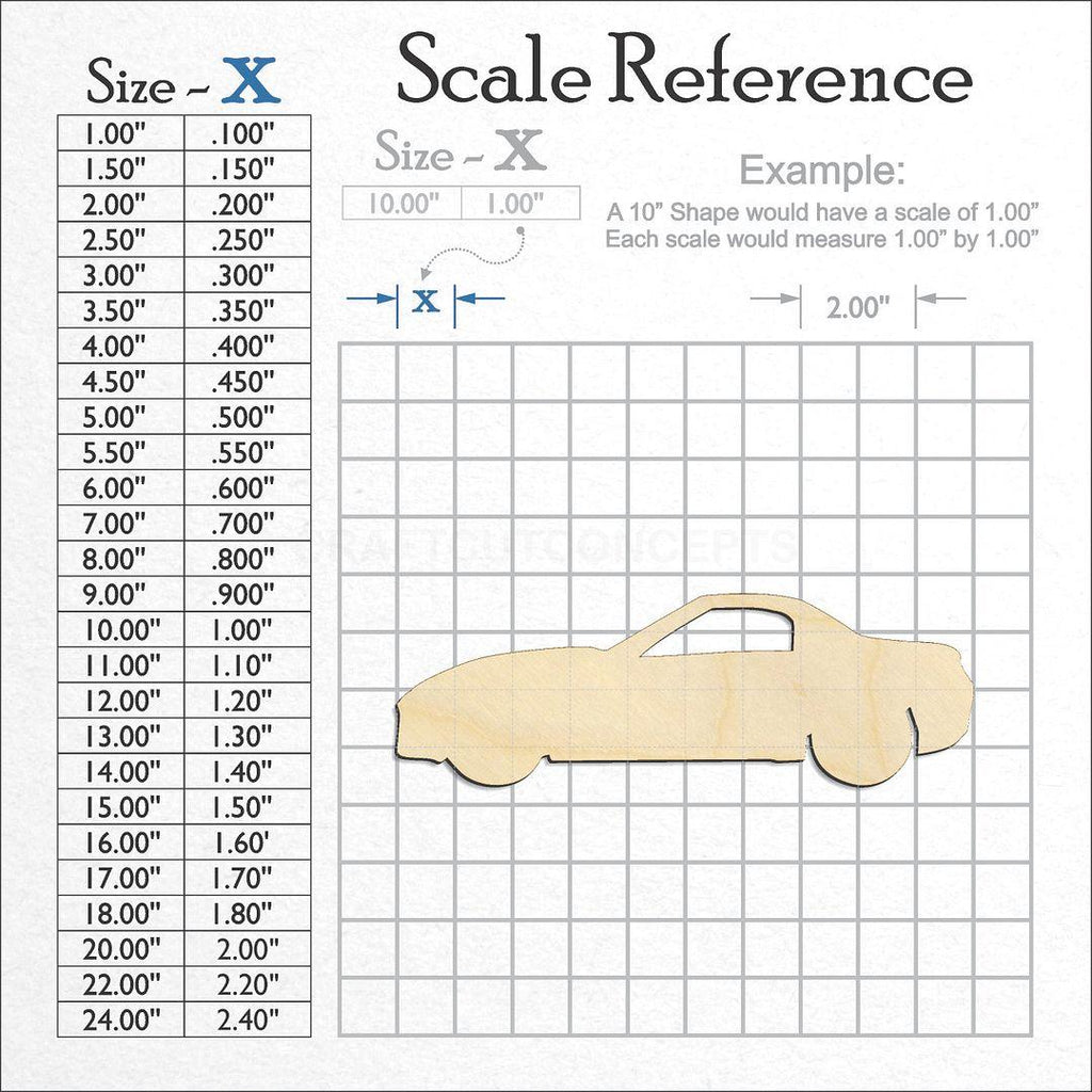 A scale and graph image showing a wood Sports Car 2 craft blank