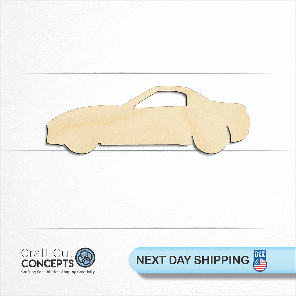 Craft Cut Concepts logo and next day shipping banner with an unfinished wood Sports Car 2 craft shape and blank