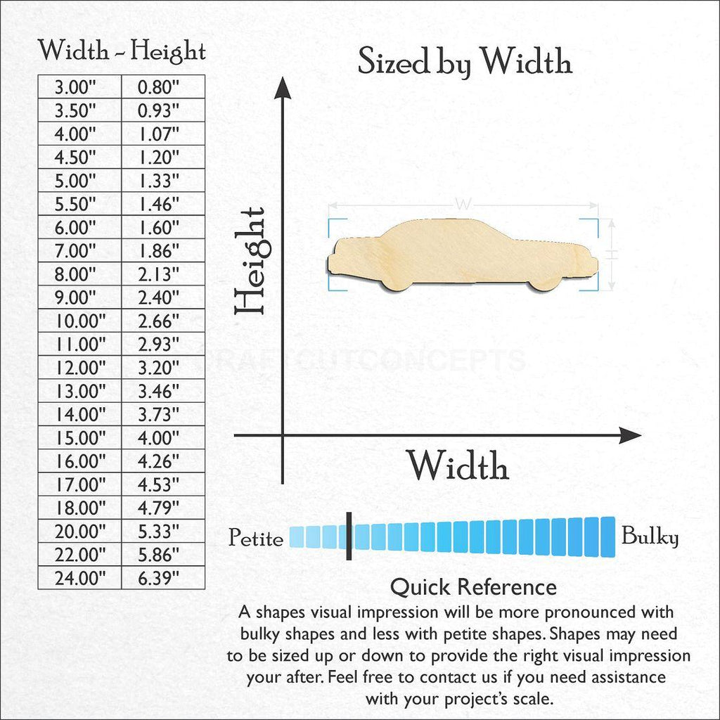 Sizes available for a laser cut Sedan Car craft blank