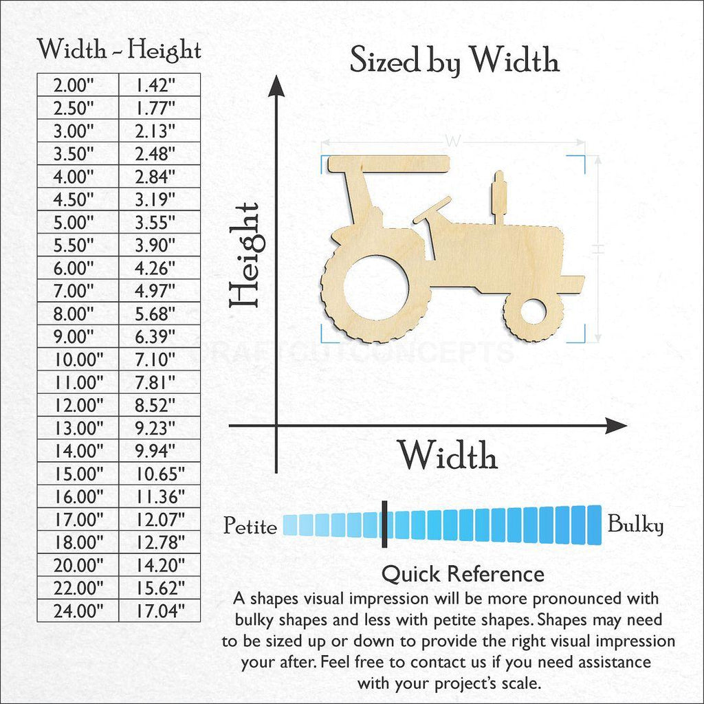 Sizes available for a laser cut Tractor craft blank