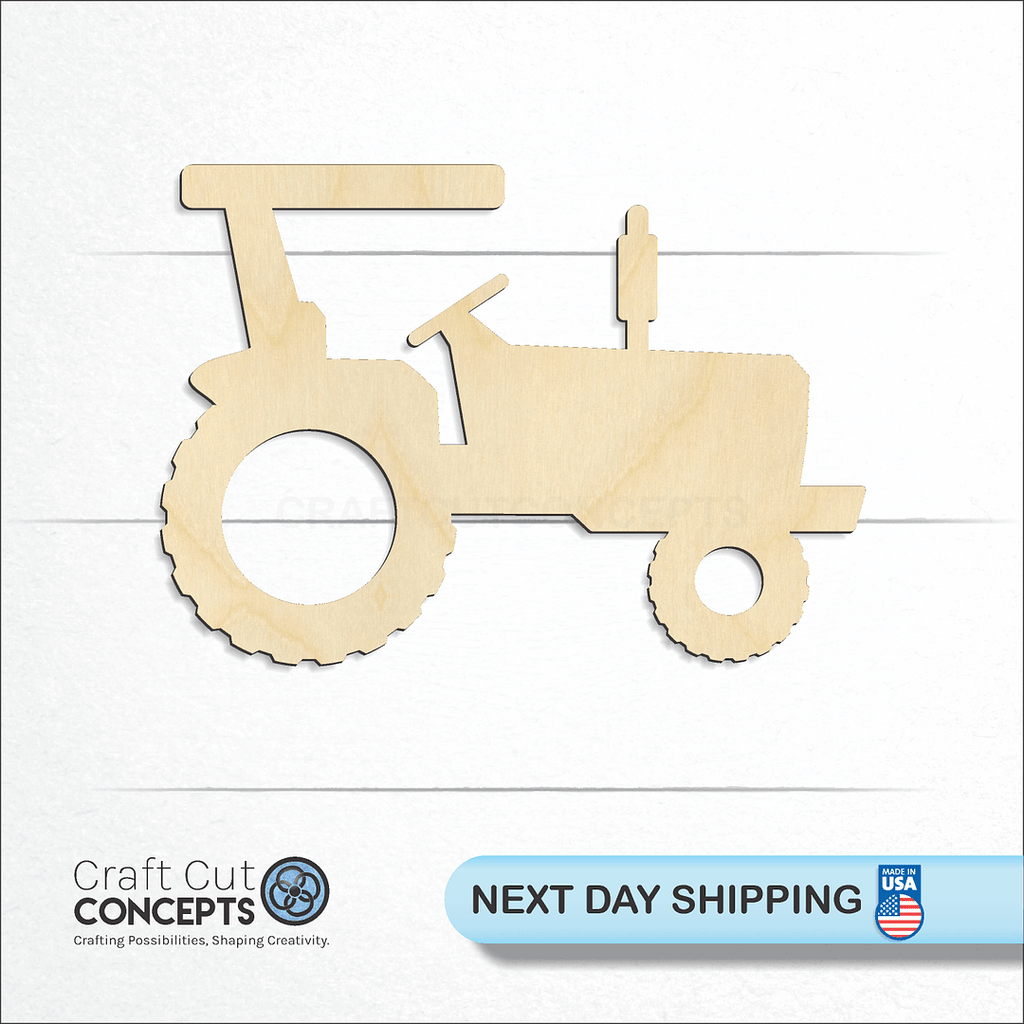 Craft Cut Concepts logo and next day shipping banner with an unfinished wood Tractor craft shape and blank