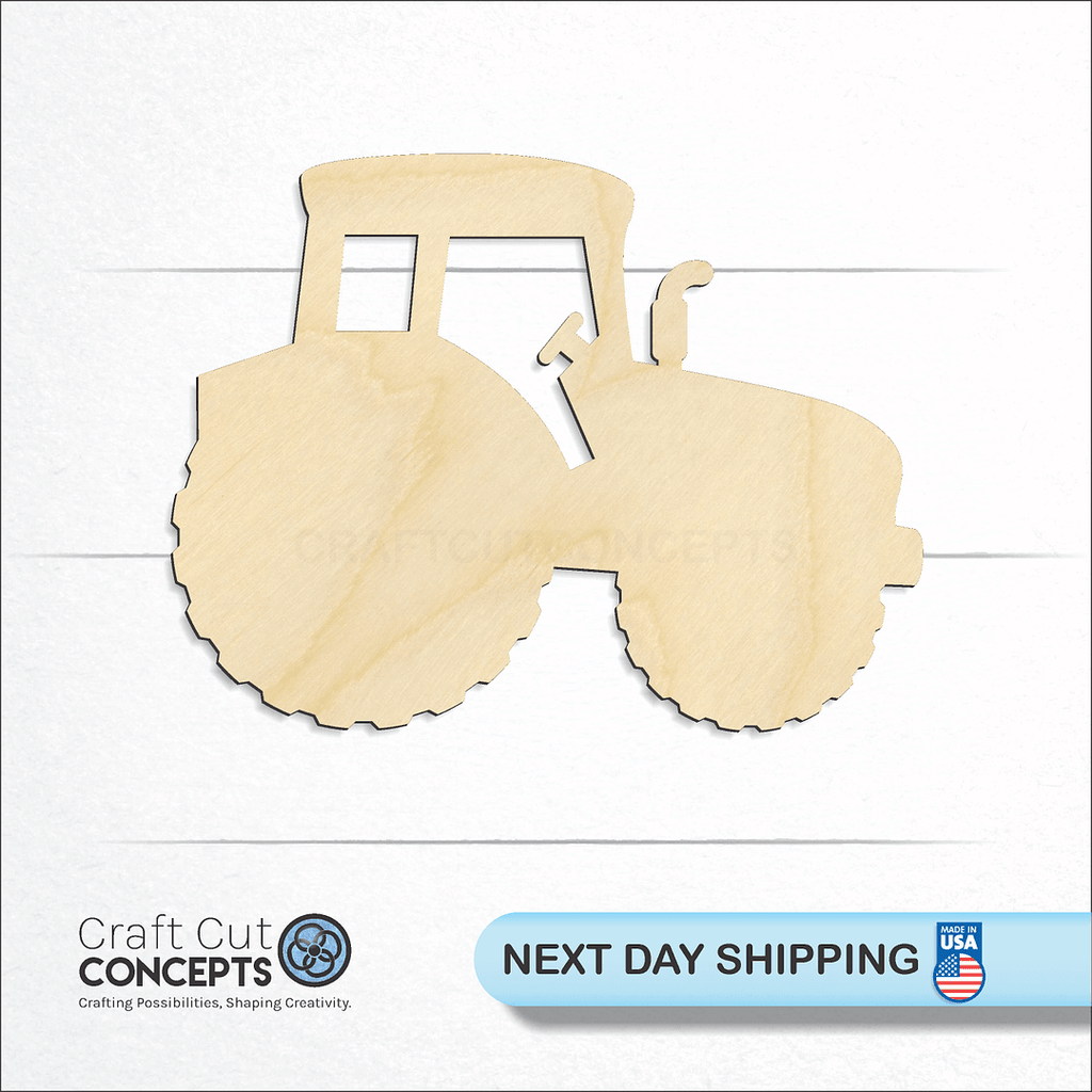 Craft Cut Concepts logo and next day shipping banner with an unfinished wood Tractor craft shape and blank