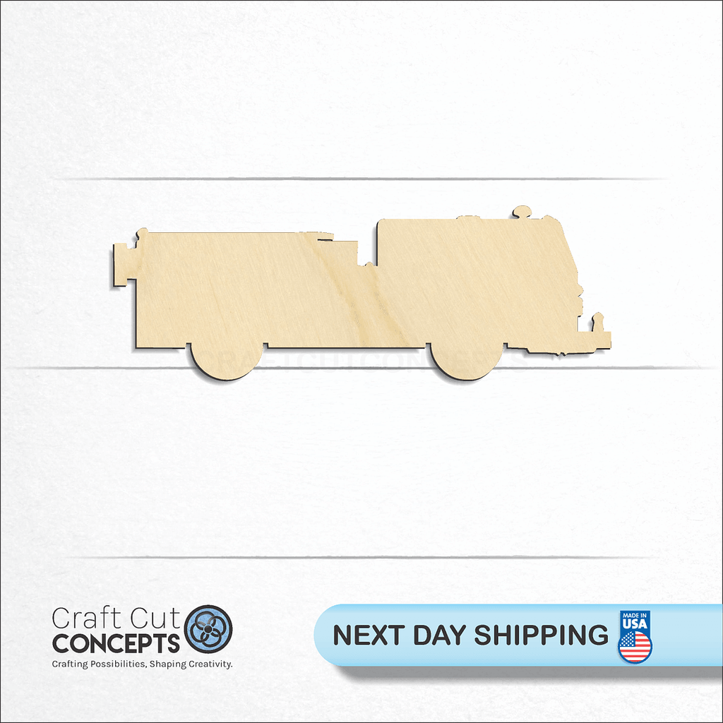 Craft Cut Concepts logo and next day shipping banner with an unfinished wood Fire Truck craft shape and blank