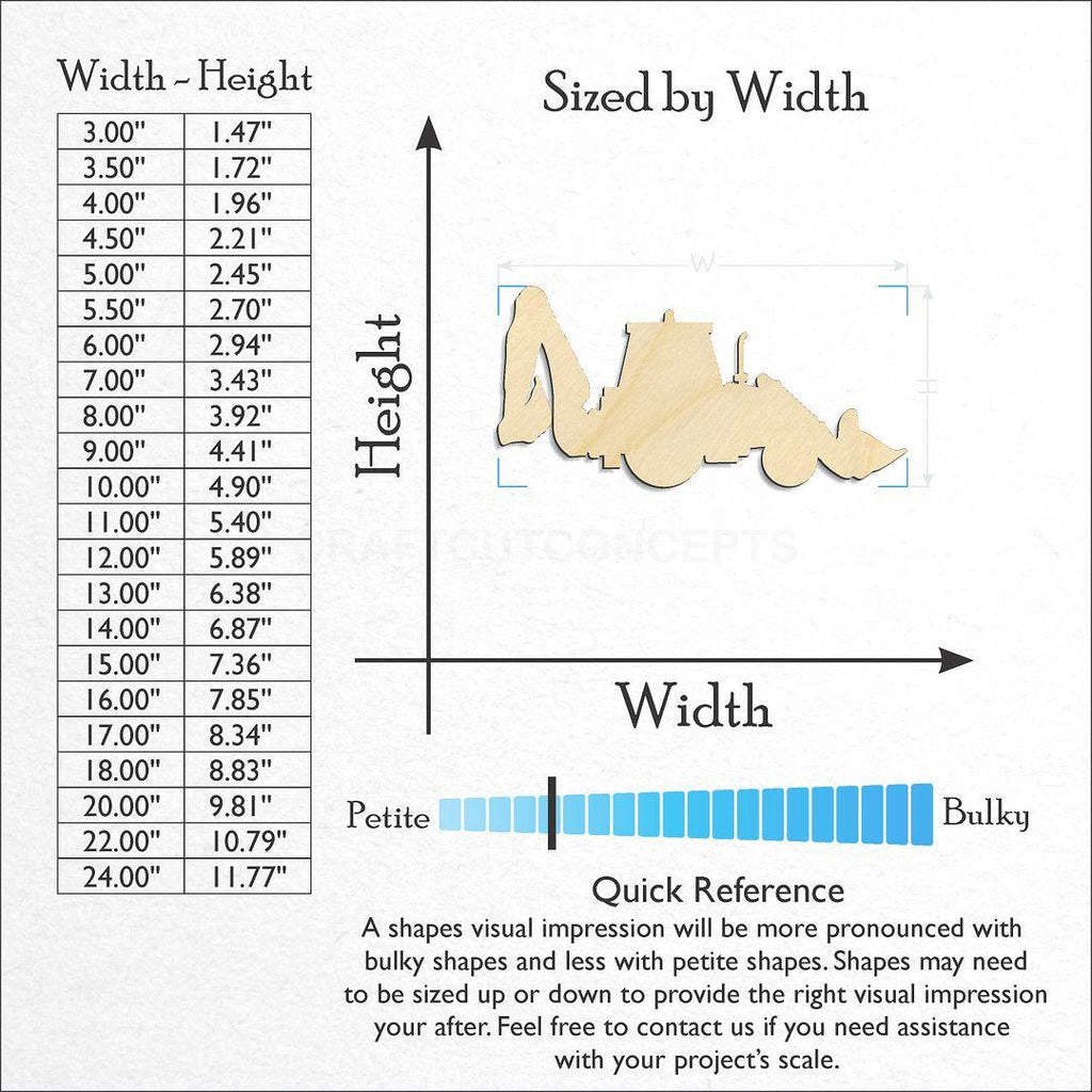 Sizes available for a laser cut Back Hoe craft blank