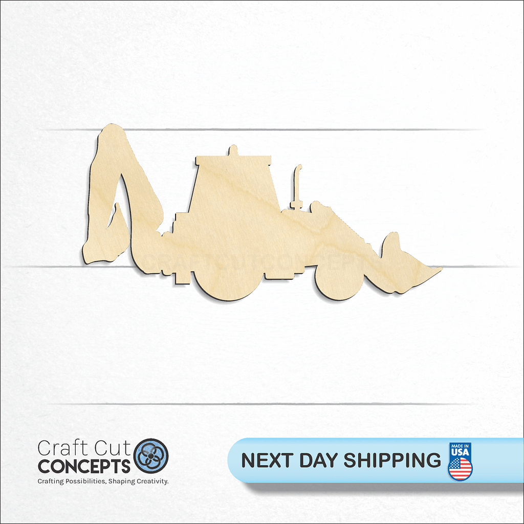 Craft Cut Concepts logo and next day shipping banner with an unfinished wood Back Hoe craft shape and blank