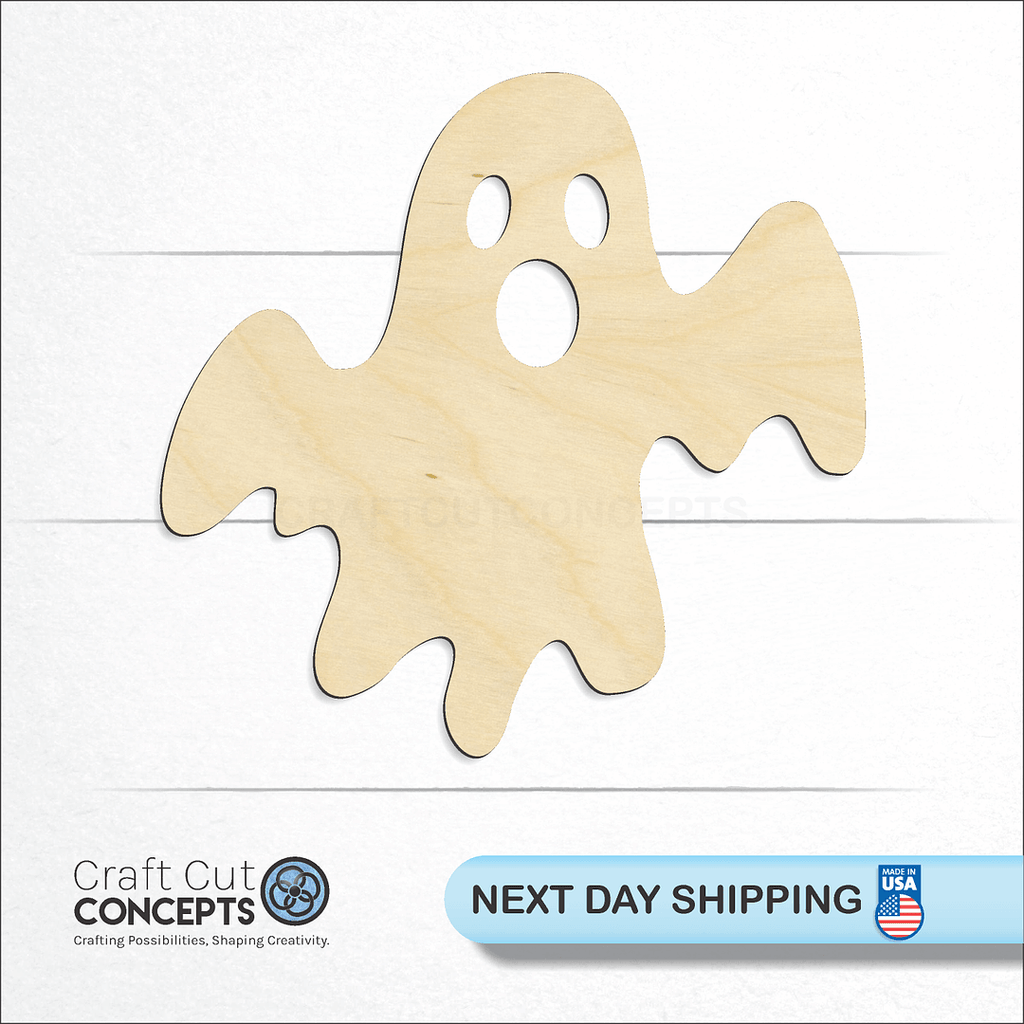 Craft Cut Concepts logo and next day shipping banner with an unfinished wood Ghost craft shape and blank