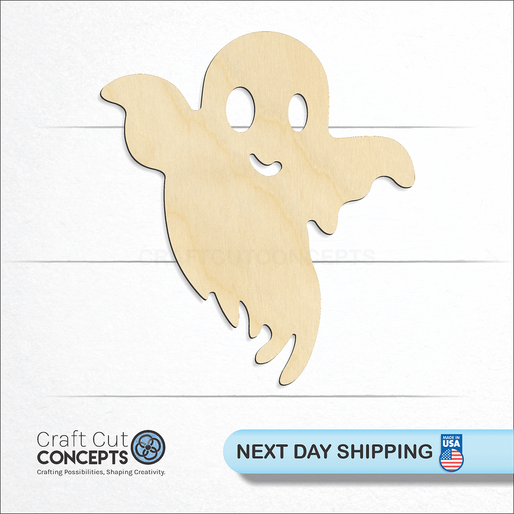 Craft Cut Concepts logo and next day shipping banner with an unfinished wood Ghost set craft shape and blank