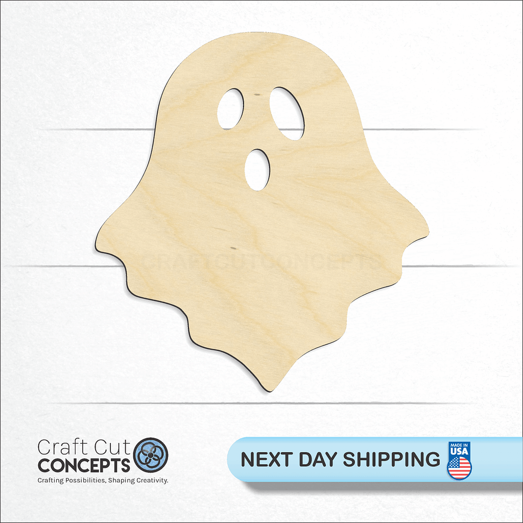 Craft Cut Concepts logo and next day shipping banner with an unfinished wood Ghost craft shape and blank