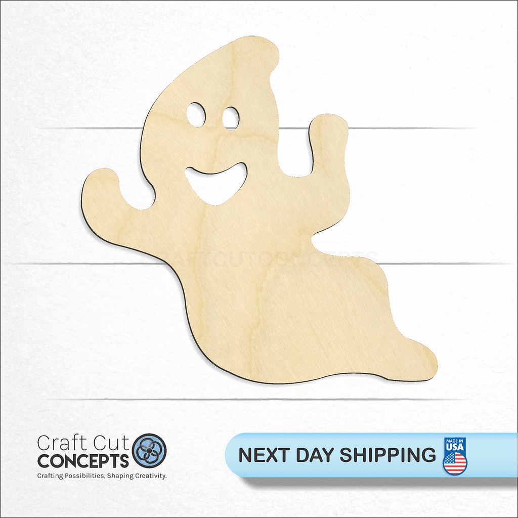 Craft Cut Concepts logo and next day shipping banner with an unfinished wood Ghost craft shape and blank