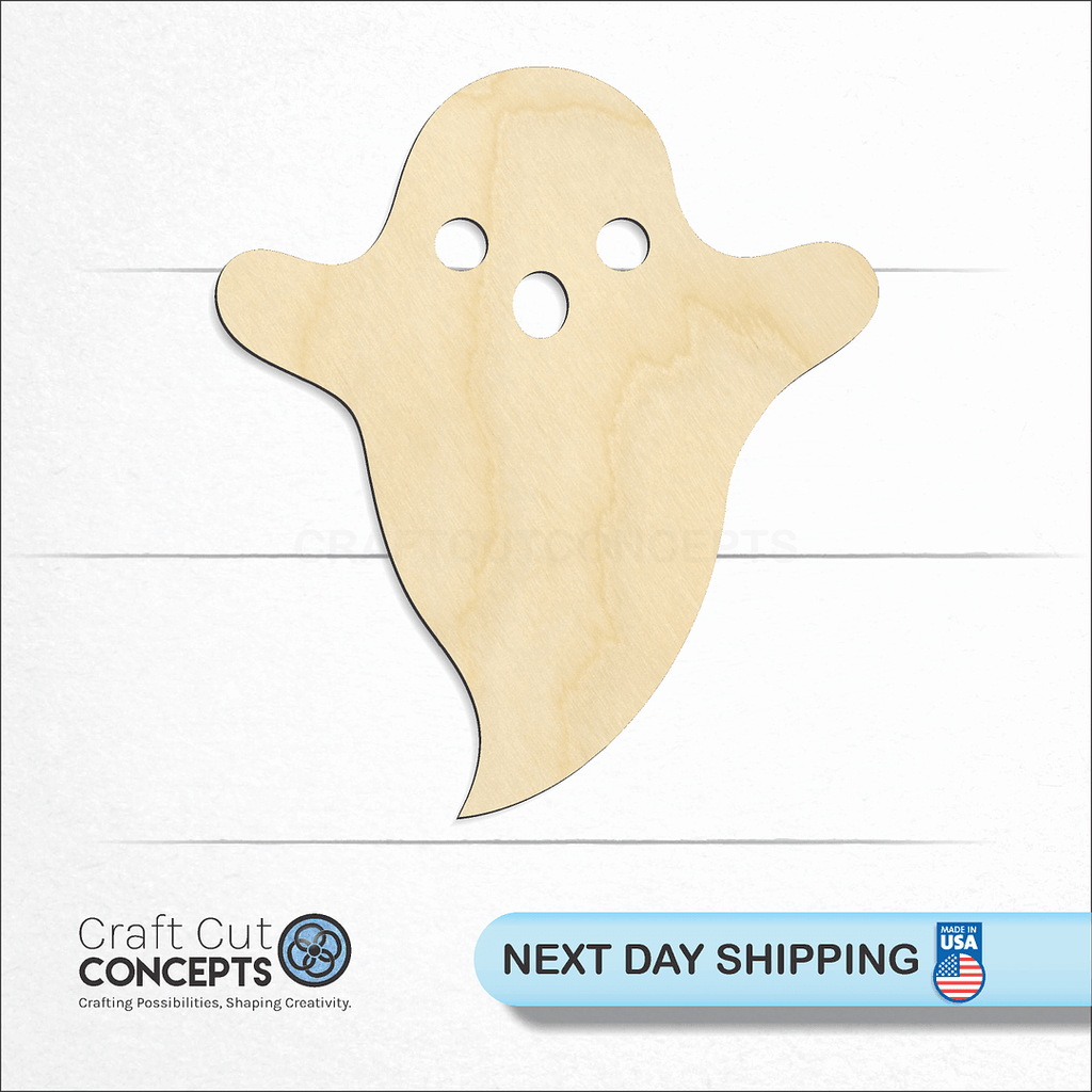 Craft Cut Concepts logo and next day shipping banner with an unfinished wood Ghost craft shape and blank