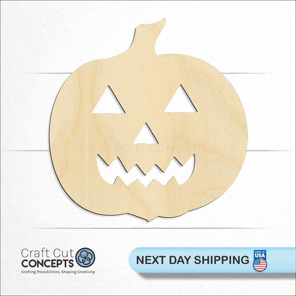 Craft Cut Concepts logo and next day shipping banner with an unfinished wood Jack O Lantern craft shape and blank