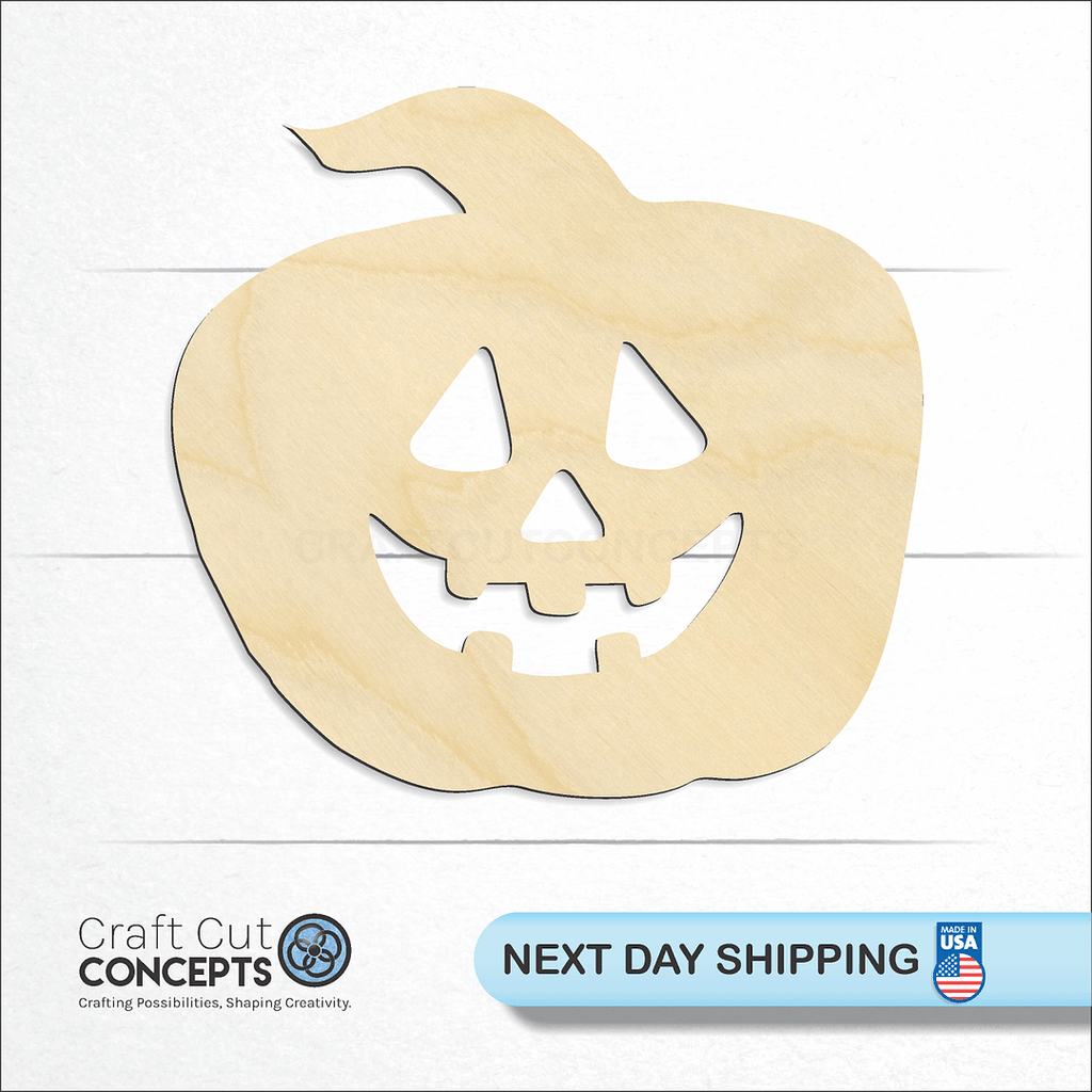 Craft Cut Concepts logo and next day shipping banner with an unfinished wood Jack-O-Lantern craft shape and blank