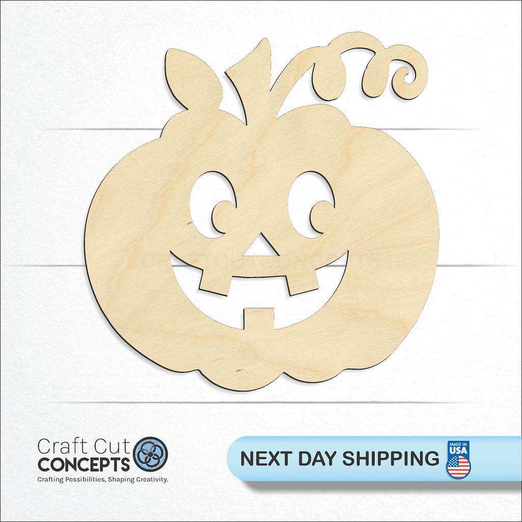 Craft Cut Concepts logo and next day shipping banner with an unfinished wood Jack O Lantern craft shape and blank