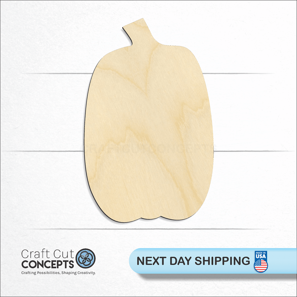 Craft Cut Concepts logo and next day shipping banner with an unfinished wood Tall Pumpkin craft shape and blank