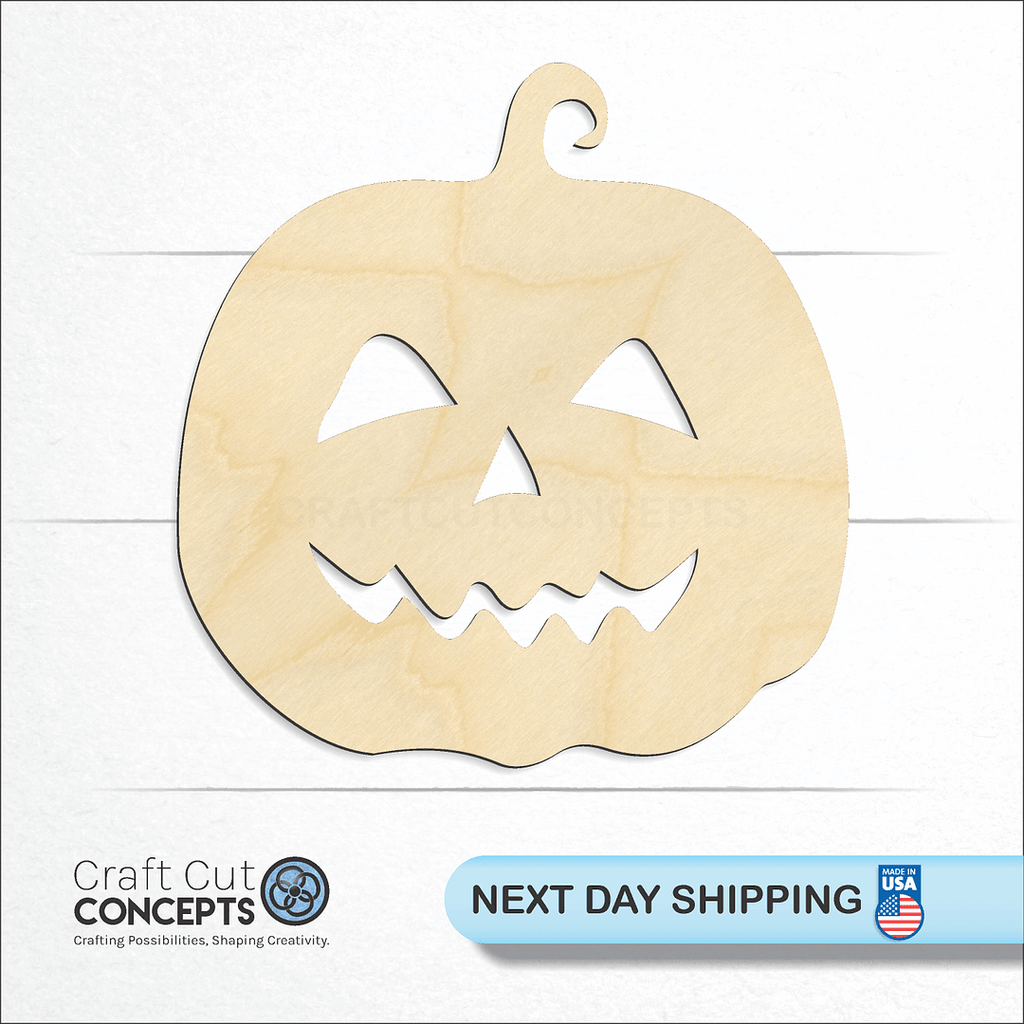 Craft Cut Concepts logo and next day shipping banner with an unfinished wood Jack O Lantern craft shape and blank