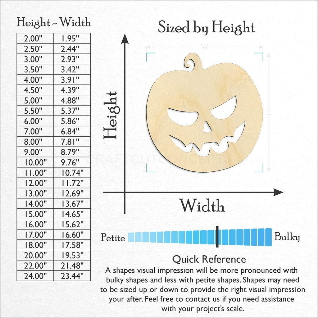 Sizes available for a laser cut Jack O Lantern craft blank