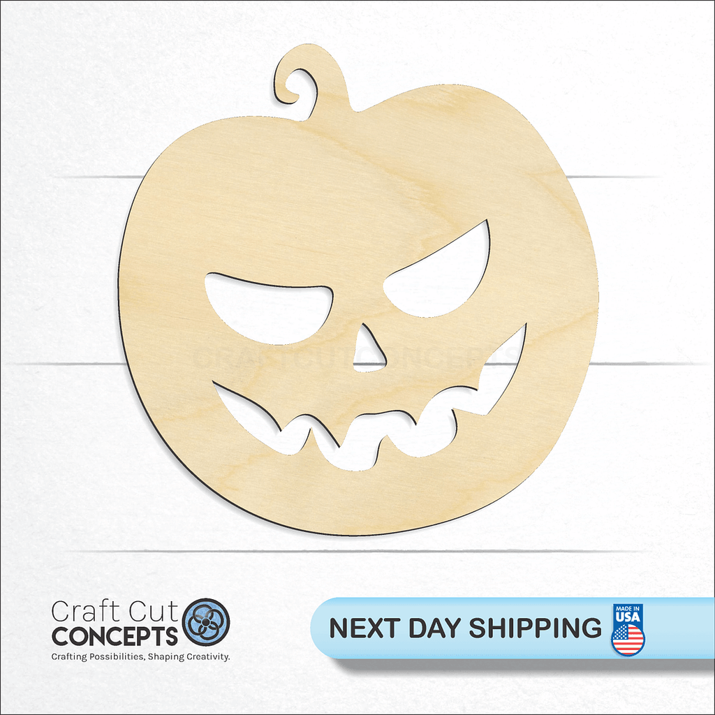 Craft Cut Concepts logo and next day shipping banner with an unfinished wood Jack O Lantern craft shape and blank