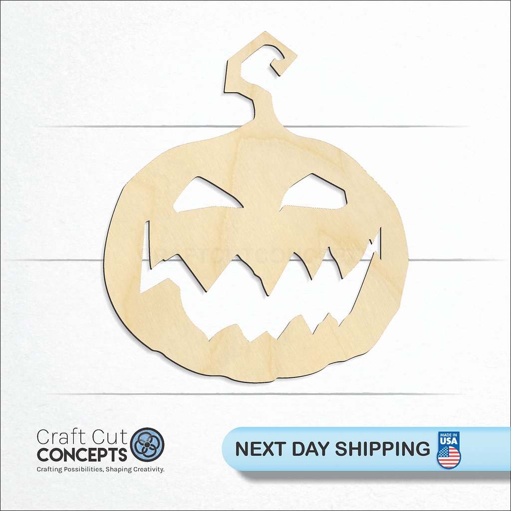 Craft Cut Concepts logo and next day shipping banner with an unfinished wood Jack O Lantern craft shape and blank