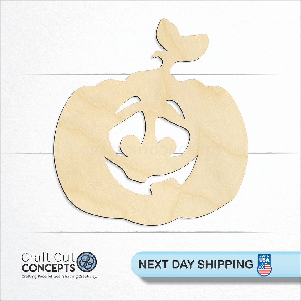 Craft Cut Concepts logo and next day shipping banner with an unfinished wood Jack O Lantern craft shape and blank