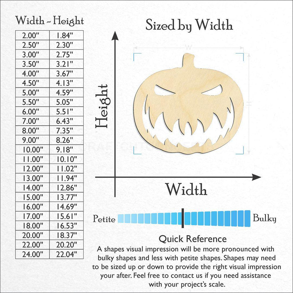 Sizes available for a laser cut Jack O Lantern craft blank