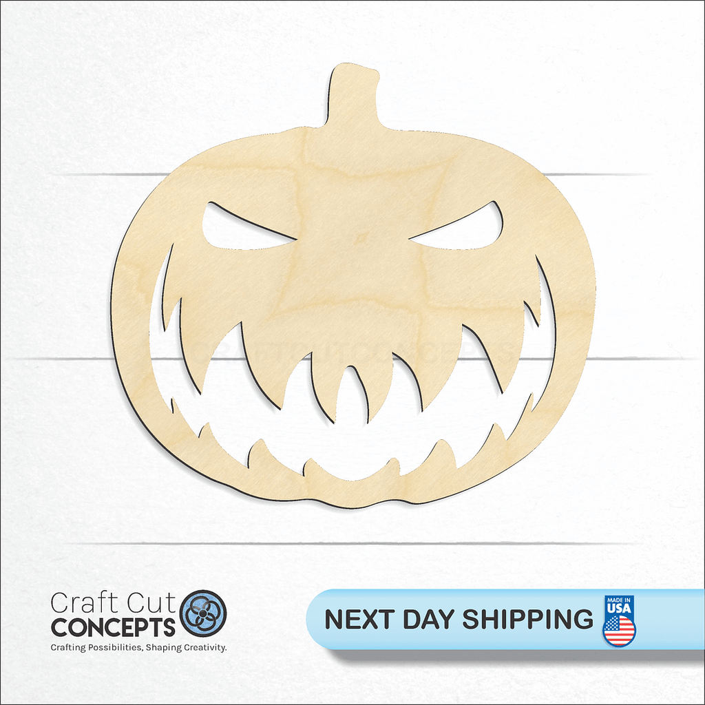 Craft Cut Concepts logo and next day shipping banner with an unfinished wood Jack O Lantern craft shape and blank