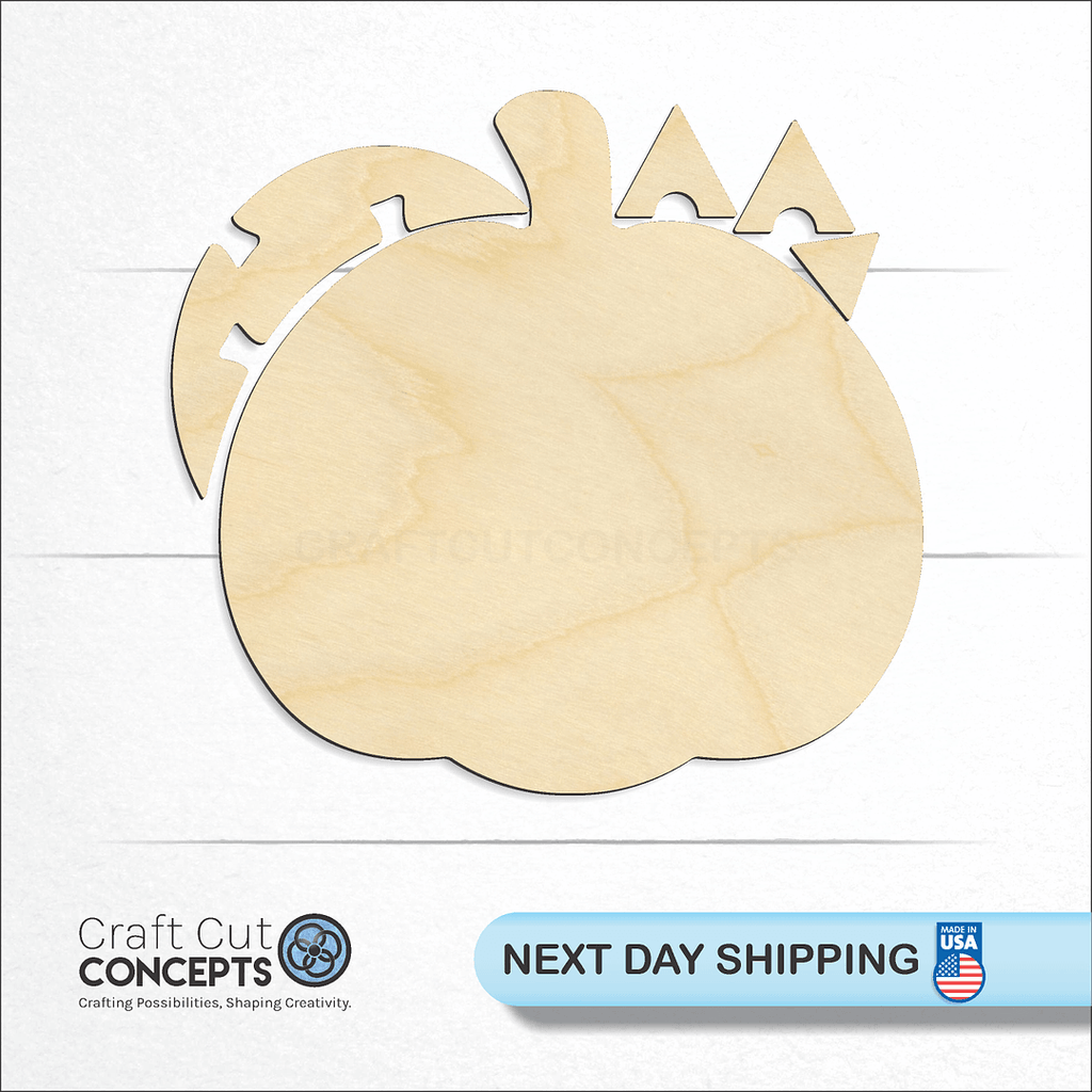 Craft Cut Concepts logo and next day shipping banner with an unfinished wood Jack O Lantern KIT craft shape and blank