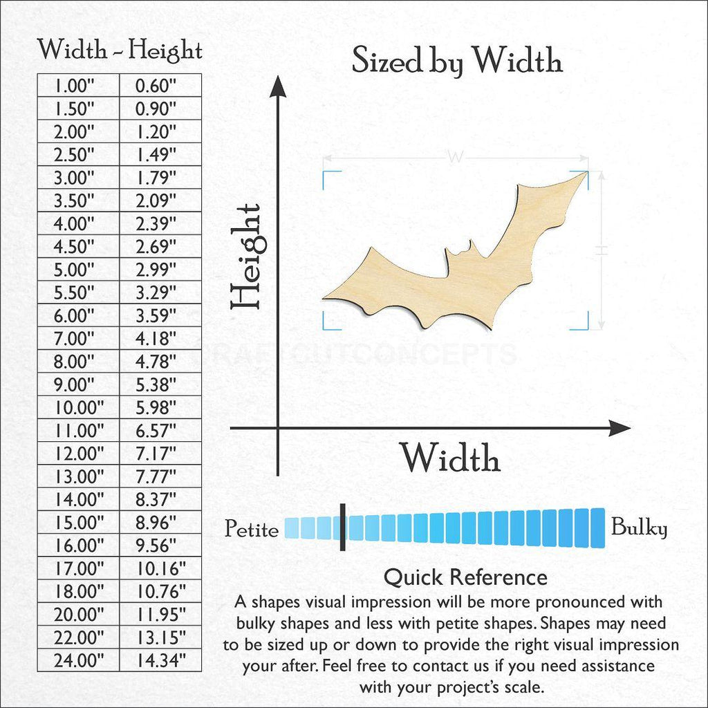 Sizes available for a laser cut Bat-2 craft blank