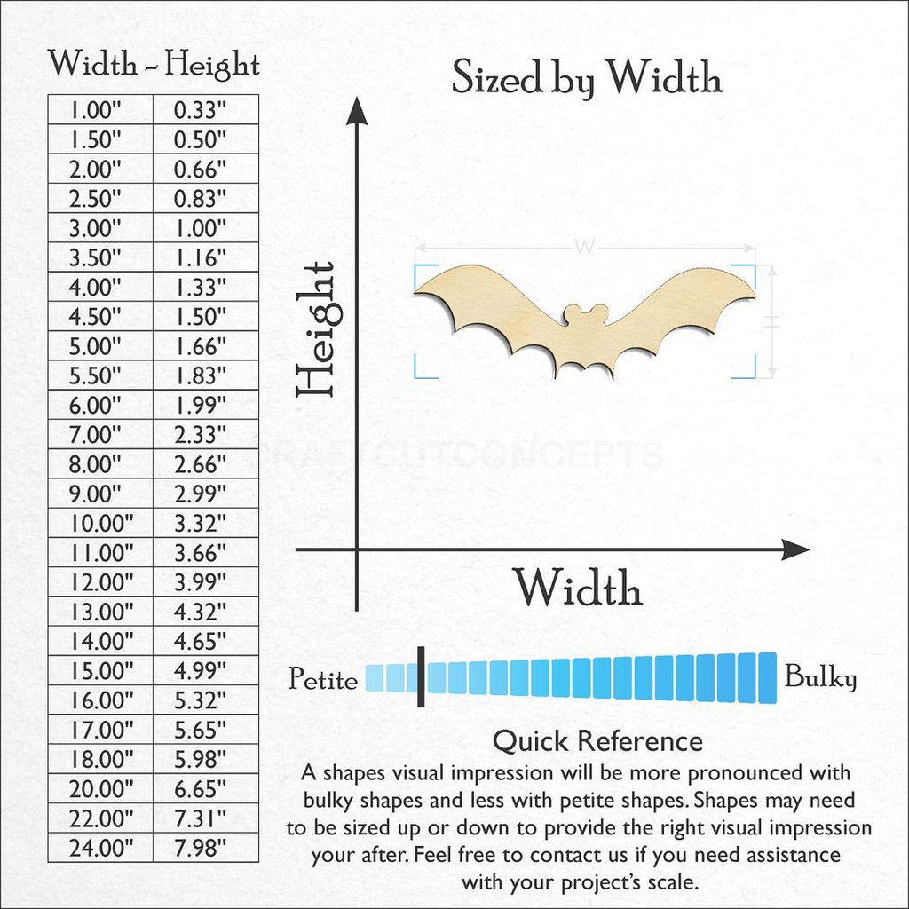 Sizes available for a laser cut Bat craft blank