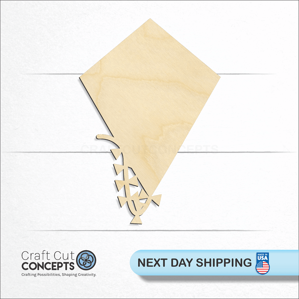 Craft Cut Concepts logo and next day shipping banner with an unfinished wood Kite craft shape and blank