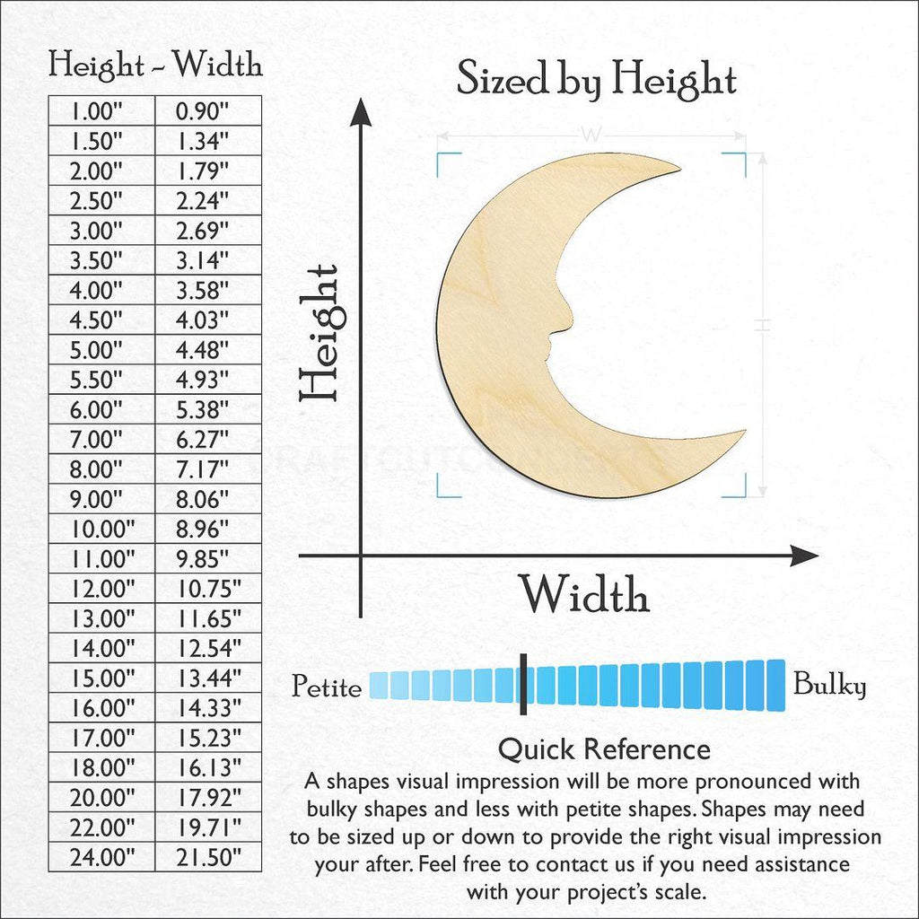 Sizes available for a laser cut Crescent Moon Face craft blank