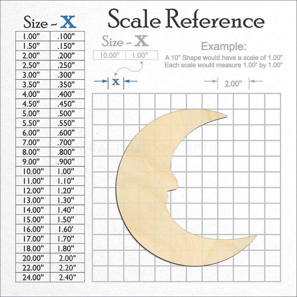 A scale and graph image showing a wood Crescent Moon Face craft blank