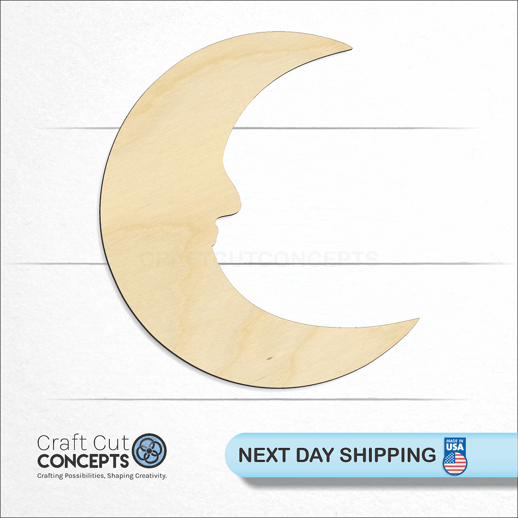 Craft Cut Concepts logo and next day shipping banner with an unfinished wood Crescent Moon Face craft shape and blank