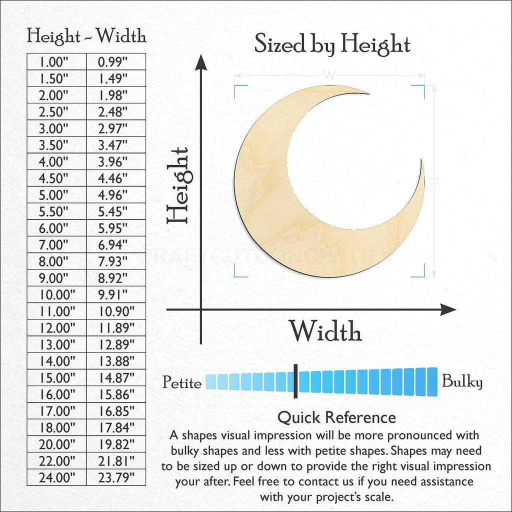 Sizes available for a laser cut Crescent Moon craft blank