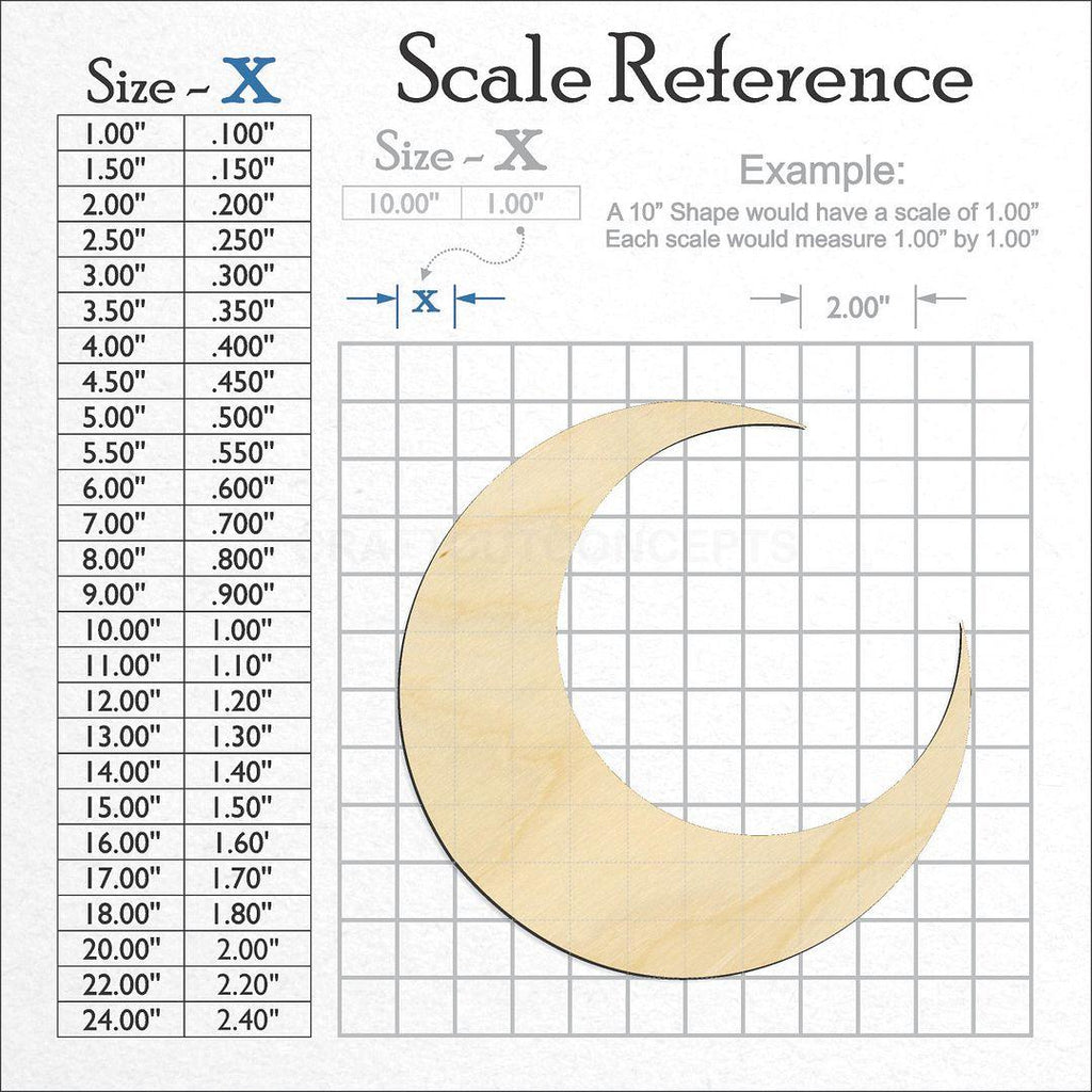 A scale and graph image showing a wood Crescent Moon craft blank