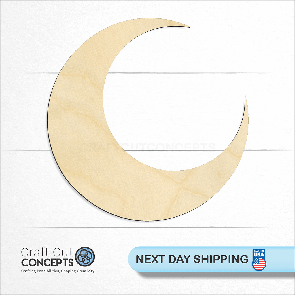 Craft Cut Concepts logo and next day shipping banner with an unfinished wood Crescent Moon craft shape and blank