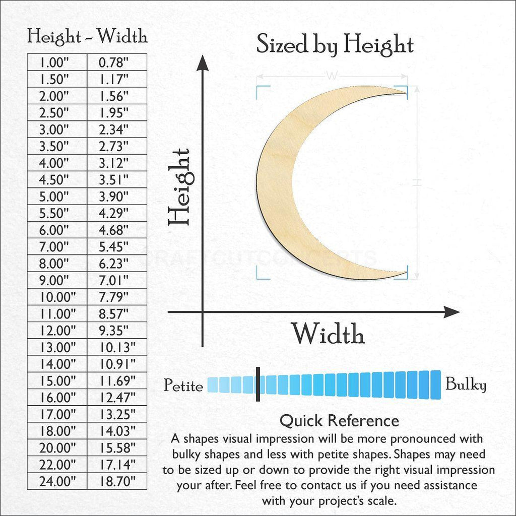 Sizes available for a laser cut Crescent Moon craft blank