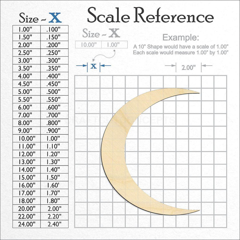 A scale and graph image showing a wood Crescent Moon craft blank