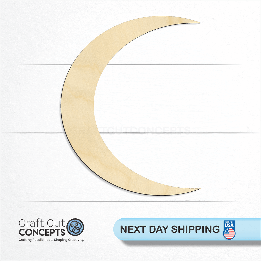 Craft Cut Concepts logo and next day shipping banner with an unfinished wood Crescent Moon craft shape and blank