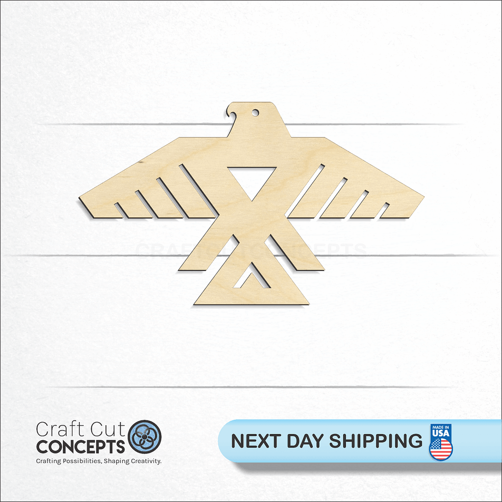 Craft Cut Concepts logo and next day shipping banner with an unfinished wood Native Thunderbird craft shape and blank