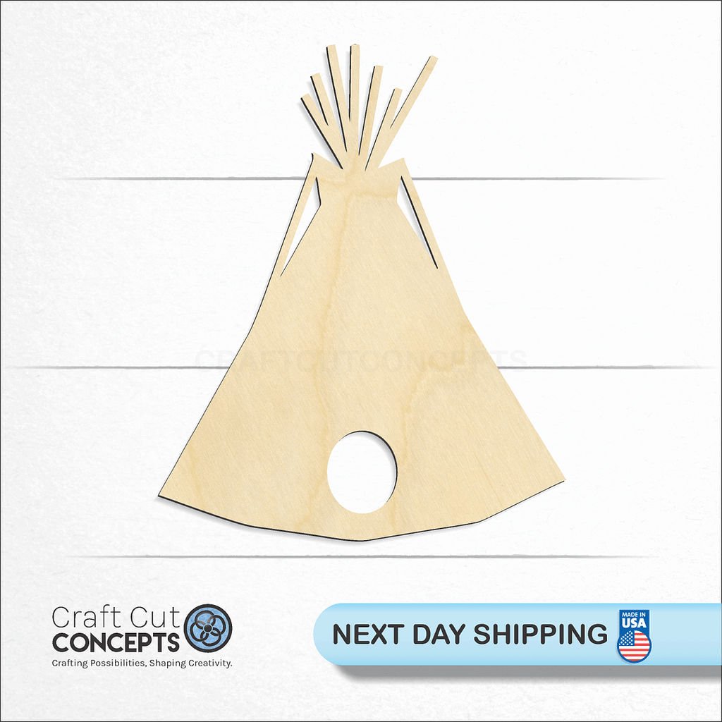 Craft Cut Concepts logo and next day shipping banner with an unfinished wood Teepee craft shape and blank