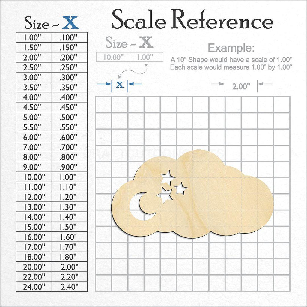 A scale and graph image showing a wood Cloud with Moon and Stars craft blank