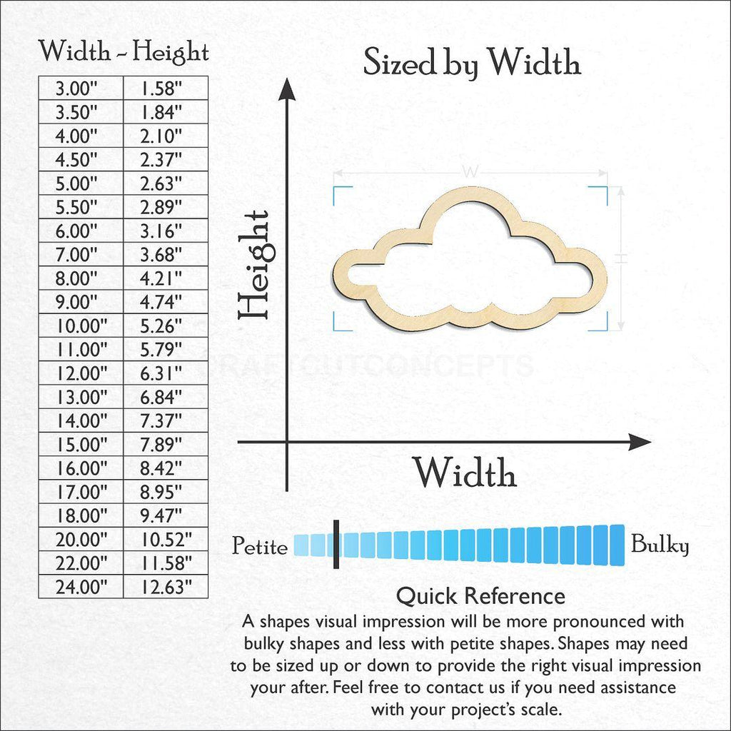 Sizes available for a laser cut Hollow Cloud craft blank