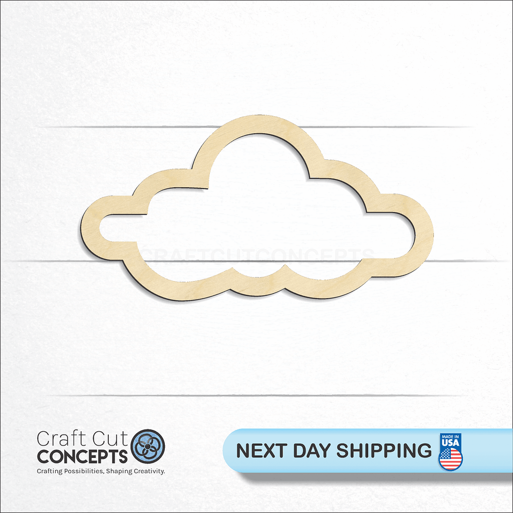 Craft Cut Concepts logo and next day shipping banner with an unfinished wood Hollow Cloud craft shape and blank