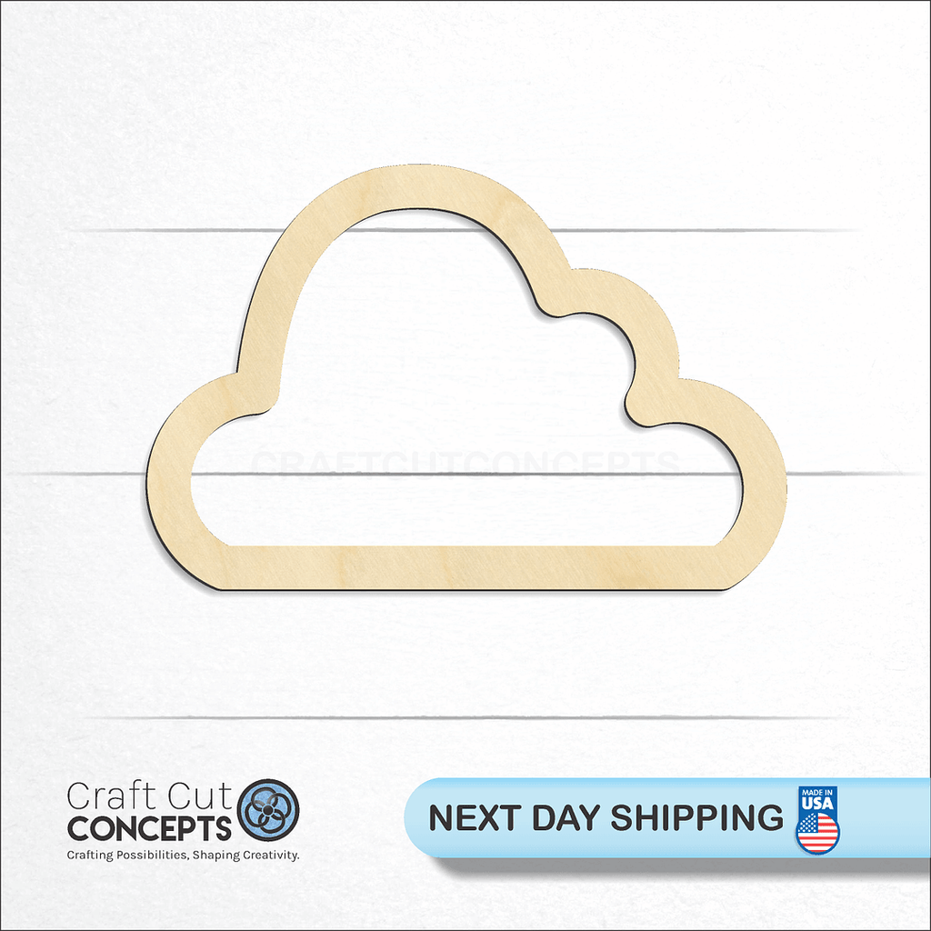 Craft Cut Concepts logo and next day shipping banner with an unfinished wood Hollow Cloud craft shape and blank