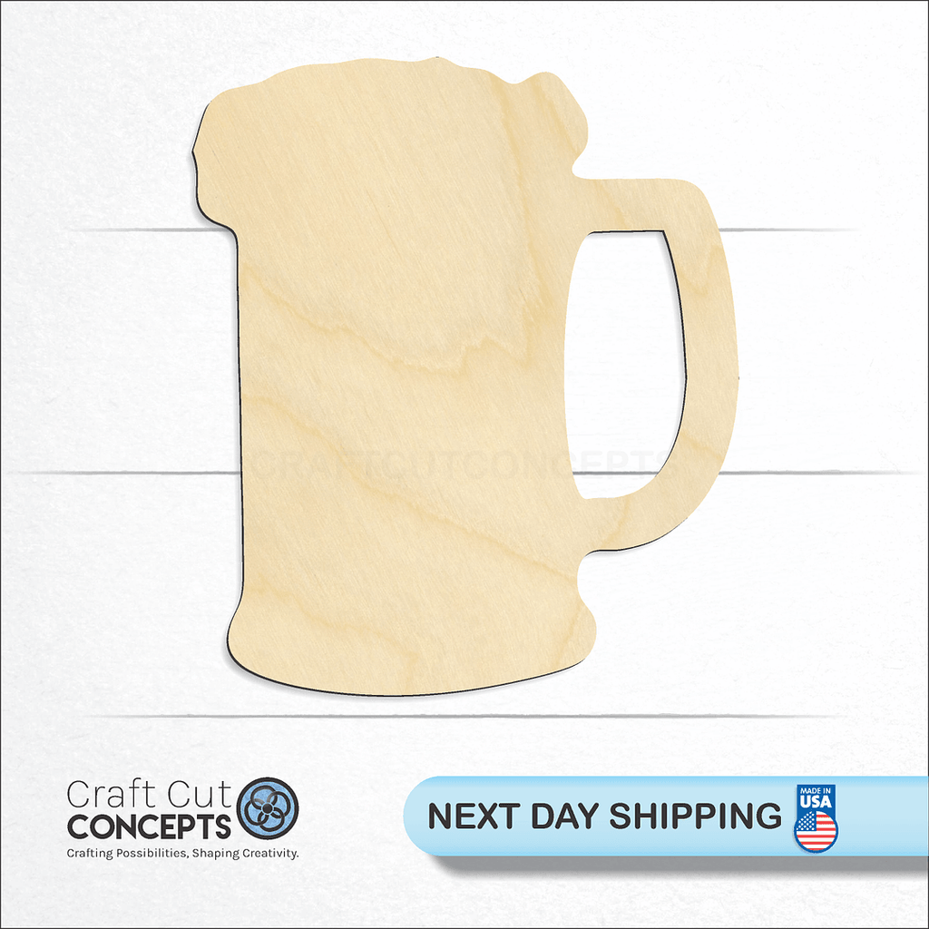 Craft Cut Concepts logo and next day shipping banner with an unfinished wood Beer Mug craft shape and blank