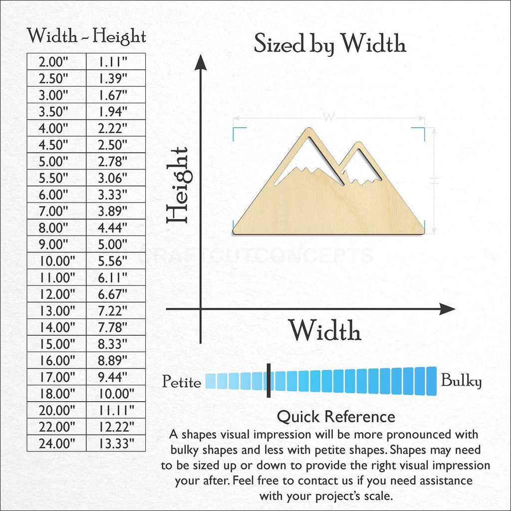 Sizes available for a laser cut Mountain Peaks craft blank