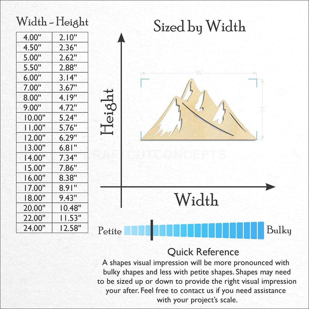 Sizes available for a laser cut Mountain Peaks craft blank