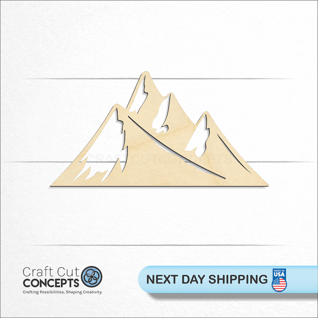 Craft Cut Concepts logo and next day shipping banner with an unfinished wood Mountain Peaks craft shape and blank