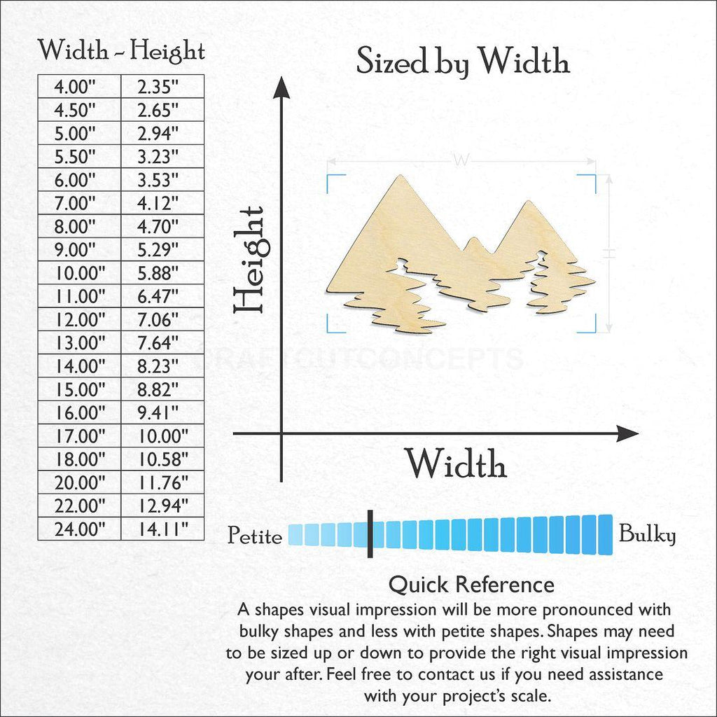 Sizes available for a laser cut Mountain Peaks craft blank