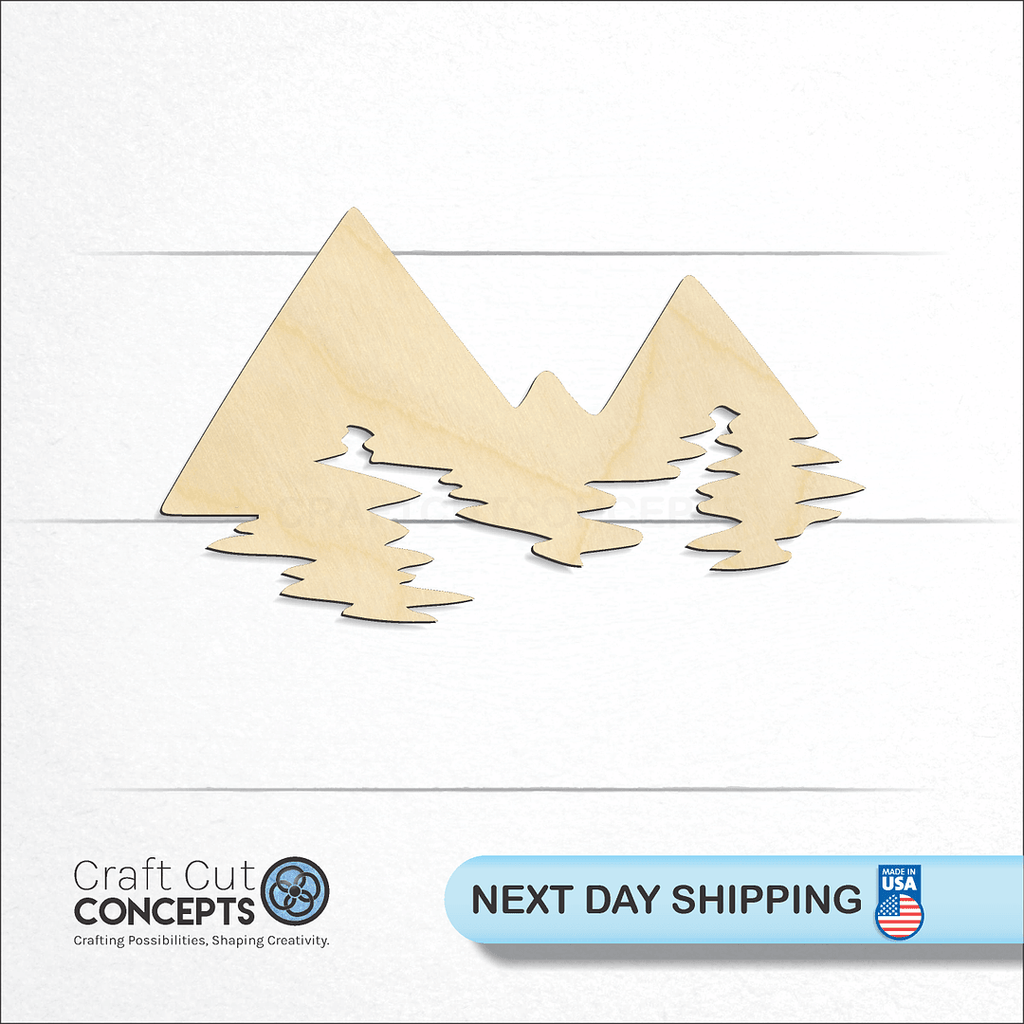 Craft Cut Concepts logo and next day shipping banner with an unfinished wood Mountain Peaks craft shape and blank